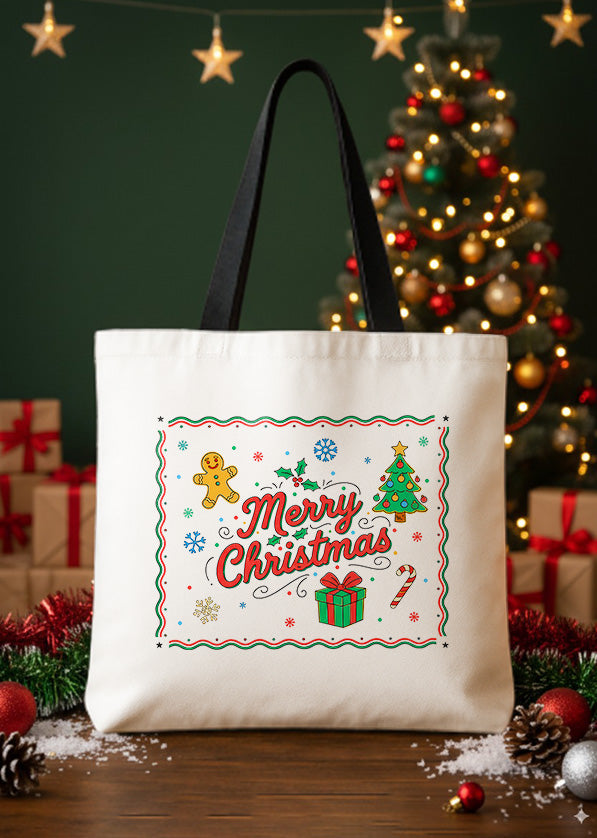 Canvas Totebag Merry Christmas Gingerbread Tree Candy Cute Christmas GTT0241