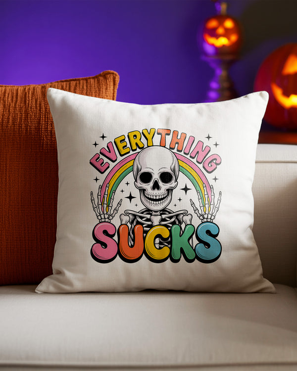Pillow Cushion Skeleton Rainbow Everything Sucks Cute Halloween GPL0170