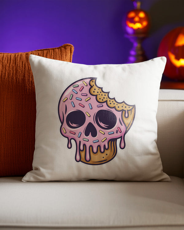 Pillow Cushion Skull Donut Pink Glazed Sprinkles Bite Cute Halloween GPL0107
