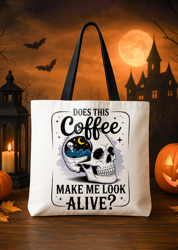 Canvas Tote Skull Coffee Make Me Look Alive Cute Halloween GTT0228