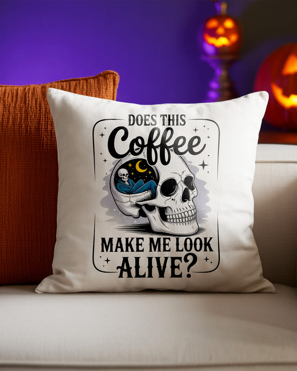 Pillow Cushion Skull Coffee Make Me Look Alive Cute Halloween GPL0171
