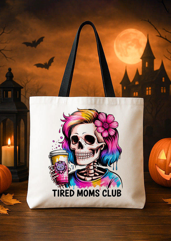Canvas Tote Skull Girl Colorful Hair Coffee Tired Moms Club Cute Halloween GTT0230