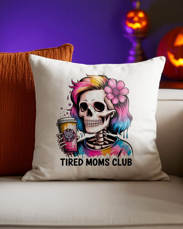 Pillow Cushion Skull Girl Colorful Hair Coffee Tired Moms Club Cute Halloween GPL0173