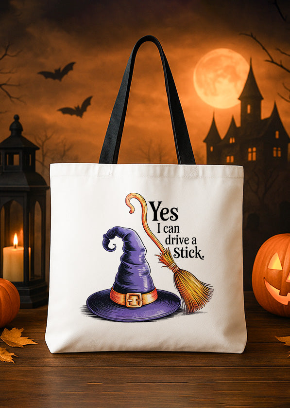 Canvas Tote Witch Hat Broom Yes I Can Drive A Cute Halloween GTT0235